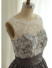 Ivory Lace Gray Taffeta V Back Short Vintage Bridesmaid Dress